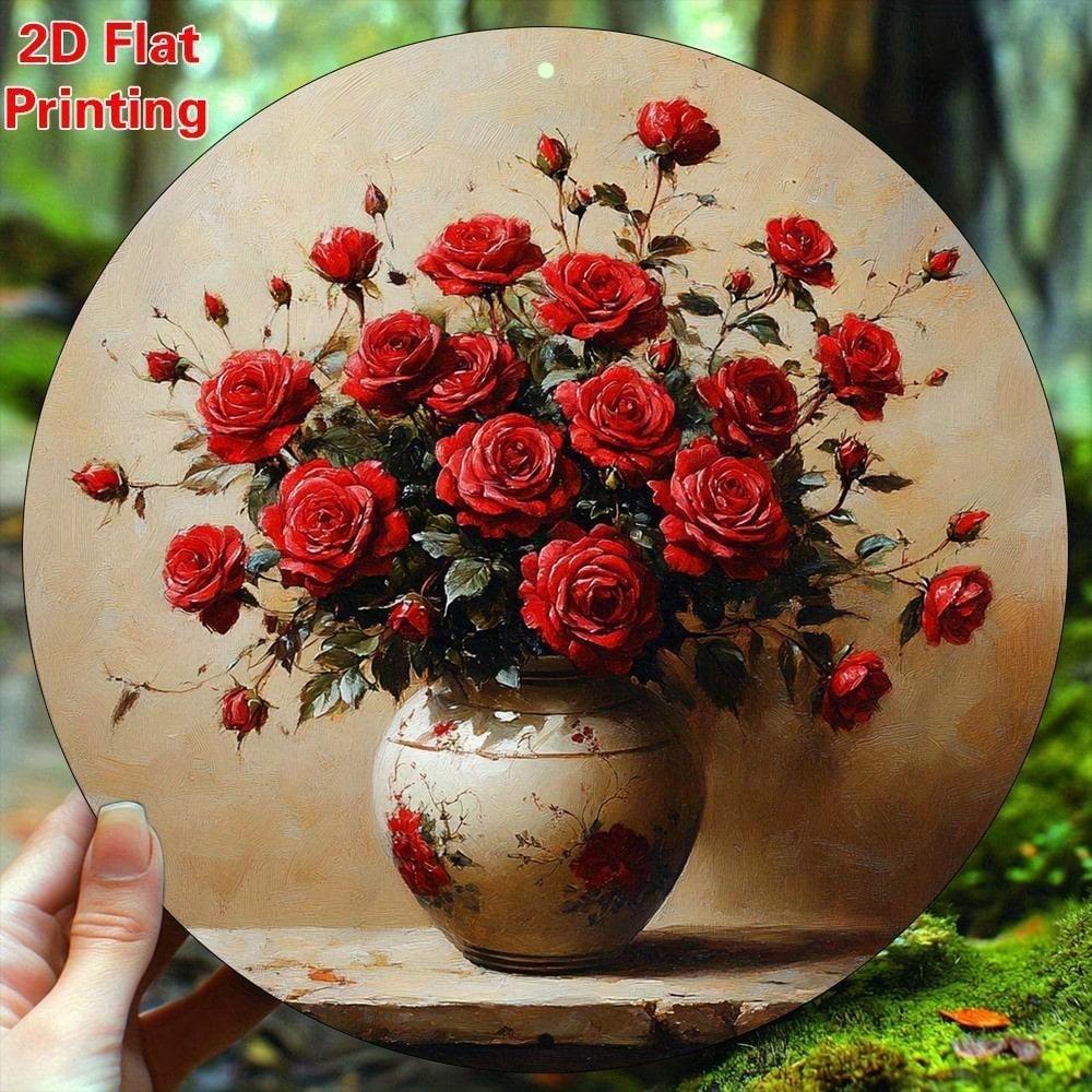 Antique Style 8x8 Inch Round Metal Wall Art Sign with Red Roses in Vase Bohemian Decor Flat Aluminum Plaque