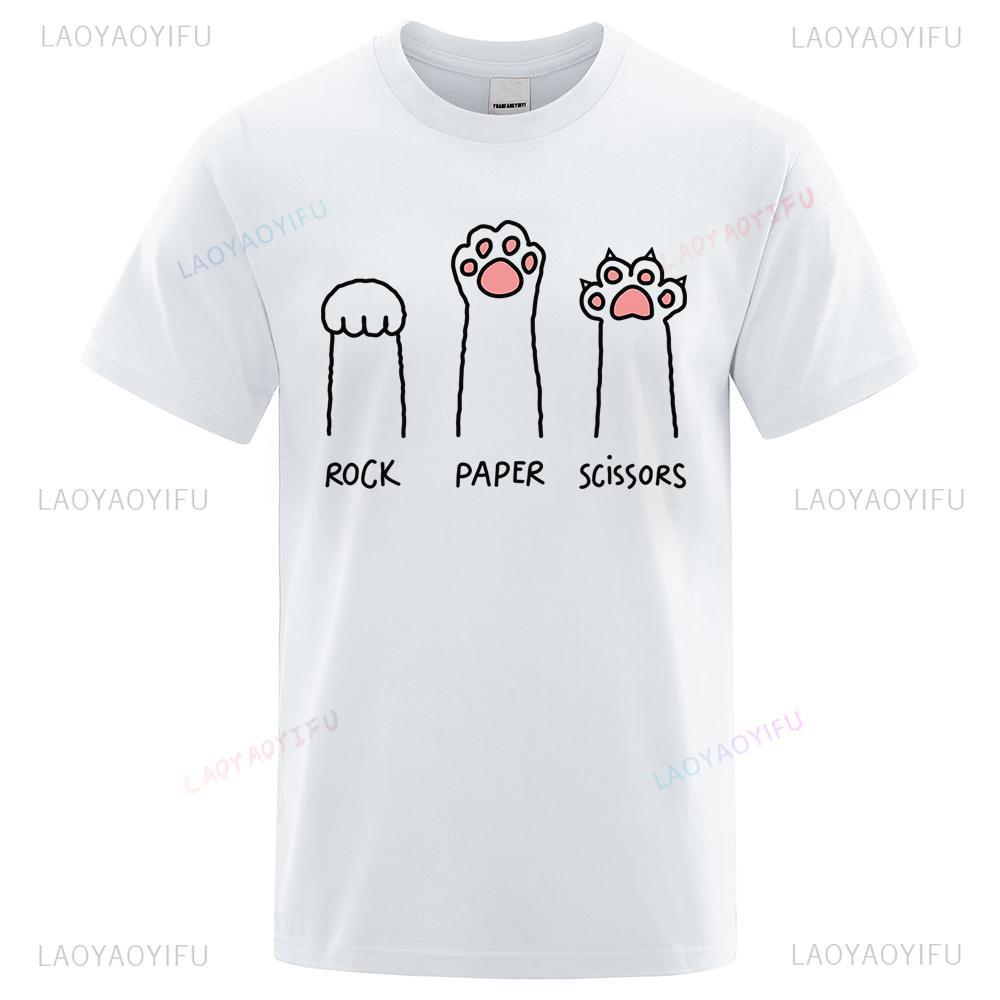 Rock Paper Scissors Funny Cat Graphic T Shirts Men Woman Fashion TShirt Casual Crewneck Tops Summer Cotton Loose T Shirt