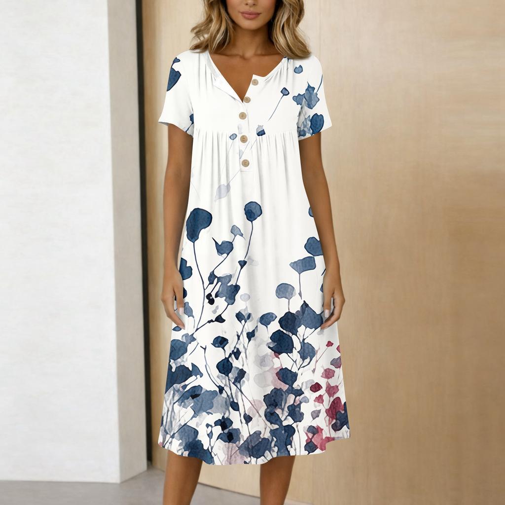 Women's Fashionable Retro Printed Round Neck Short Sleeved Button Neck Mid Length Casual Dress
