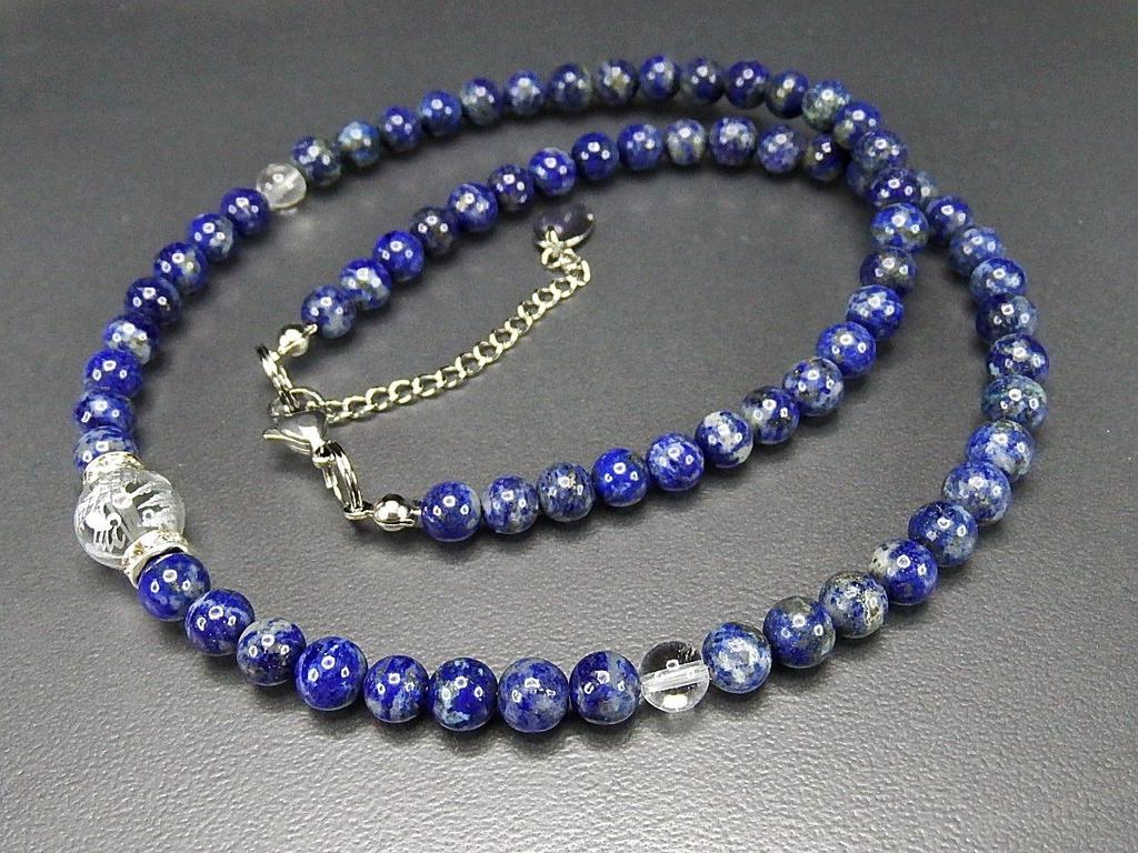 Lapis Lazuli Necklace Crystal Silver Dragon Hand Carved Natural Stone Stainless Steel Hardware 6mm Lapis Lazuli 10mm Crystal Silver Dragon [Ishigai]