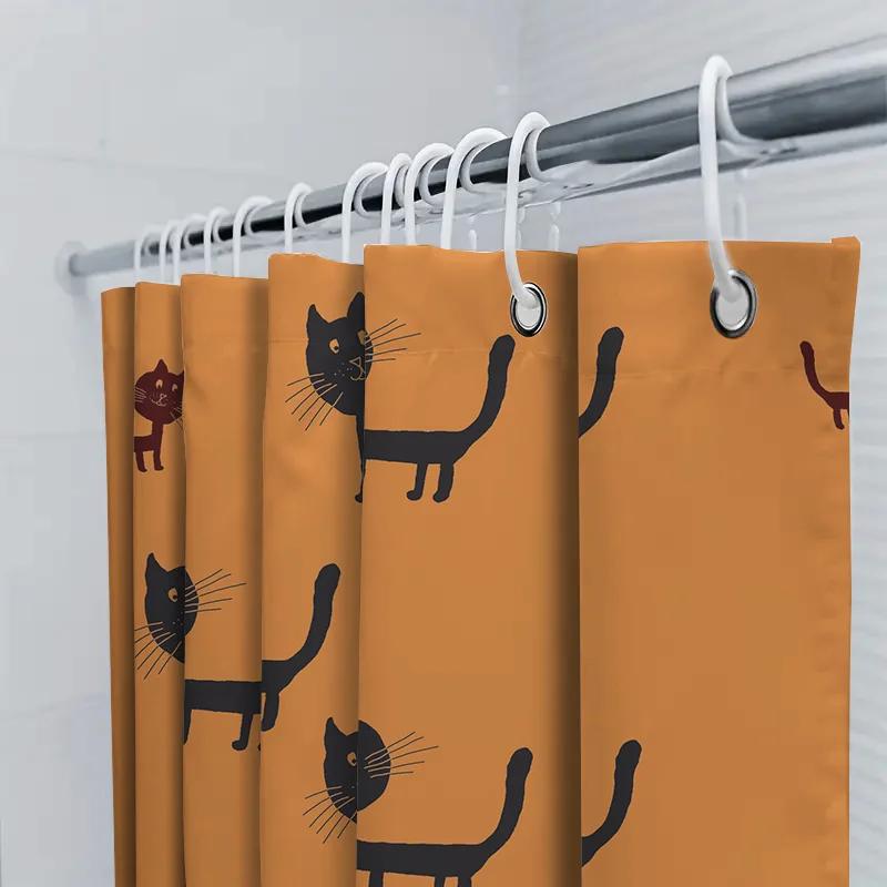 Whimsical Bathroom Shower Curtain Set Decorative With Cats Pattern Orange Fabric Waterproof For Home Decoration