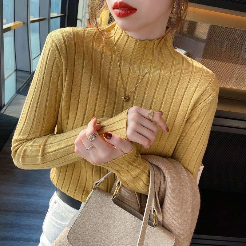 Women's Slim-Fit Ribbed Knit Sweater - Autumn/Winter 2025 Fashion Top with Half Turtleneck