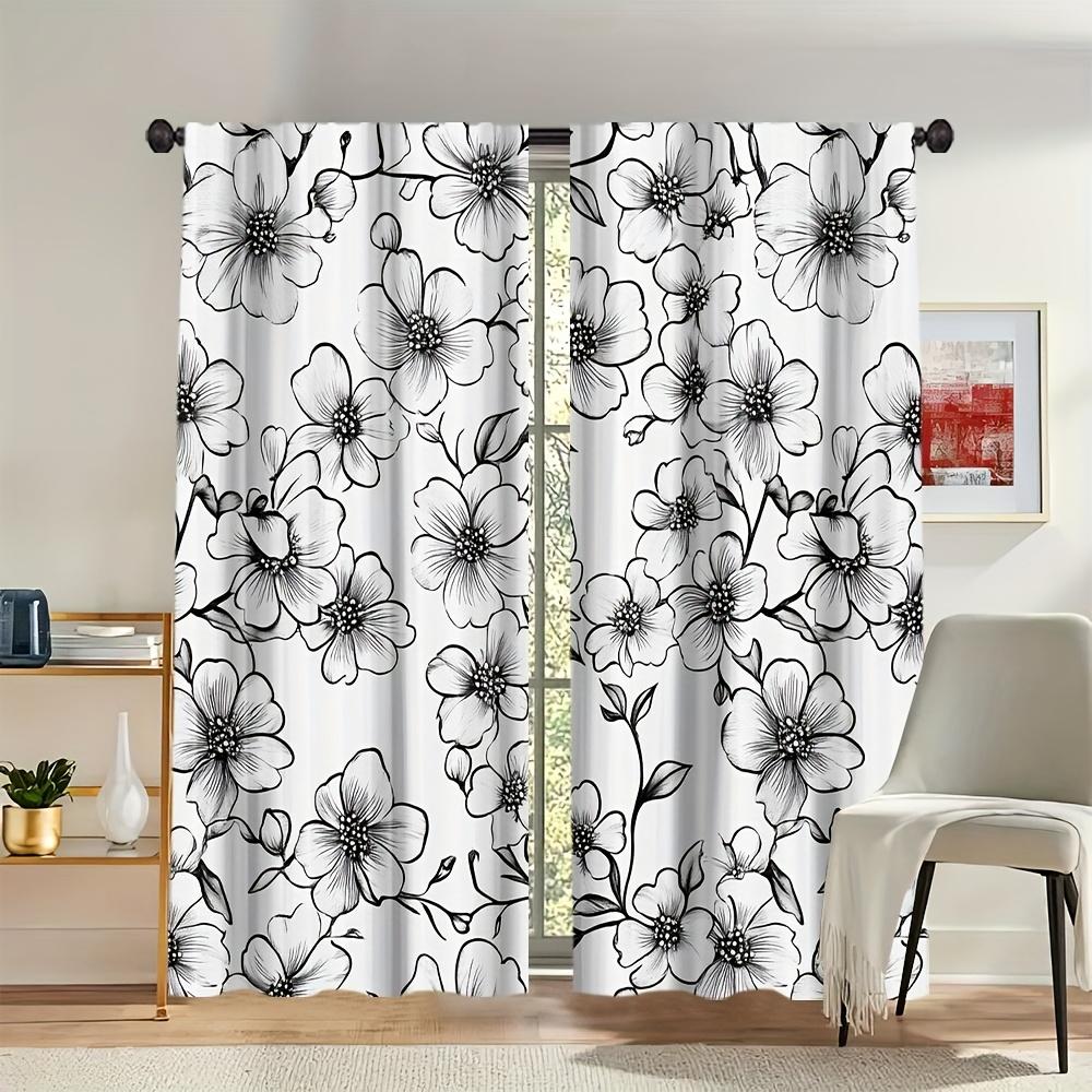 2 Pieces Black and White Floral Print Curtains   Polyester Fabric   Suitable for Bedroom   Living Room Decoration
