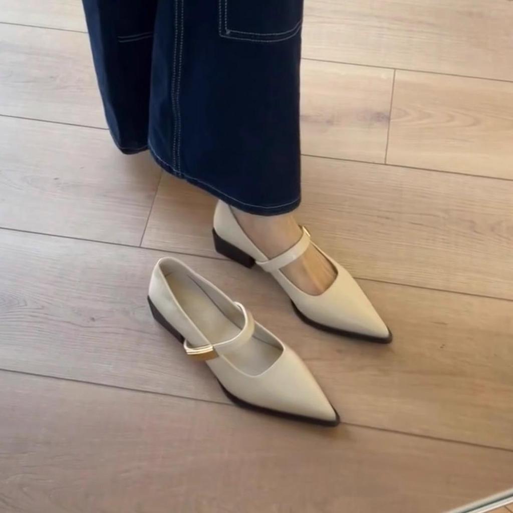 Sheepskin version~ One-pedal pointed Mary Jane shoes thick heel light mouth one word with French commuter light mouth temperament single shoes