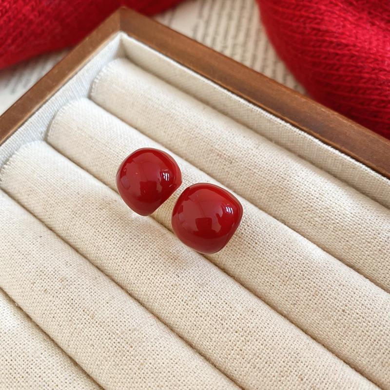 Silver Needle New Year's Red Zircon Geometric Earrings Retro Fashion Temperament Versatile Earrings Light Luxury Premium Earrings Women