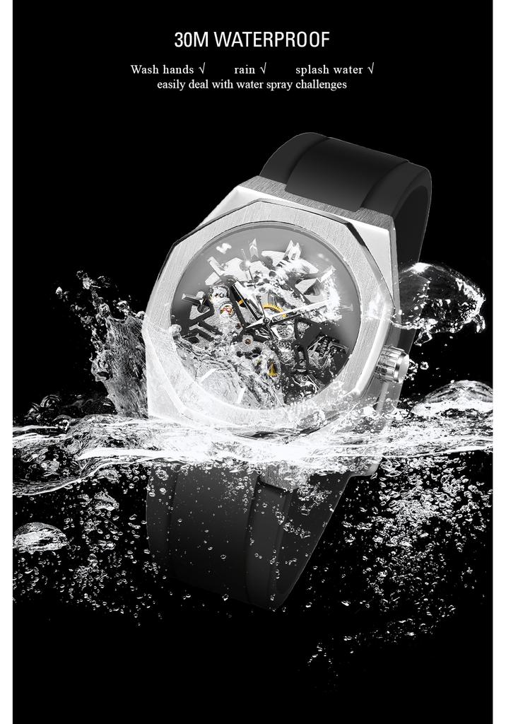Luxury Brand Forsining Brand Octagon Stainless Steel Skeleton Mechanical Man Watch Automatic Movement Clockwork Silicone Strap