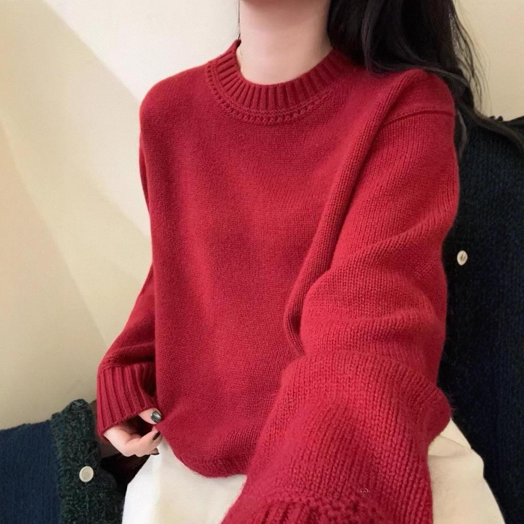 Women's Thick Wool Sweater - Round Neck, Loose Fit, Soft & Fluffy, Drop Shoulder Sleeves, Casual Style, Perfect Outerwear Cashmere Layer.