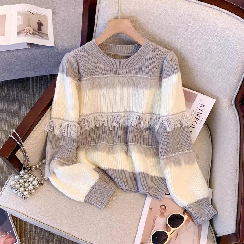 College style top fringed autumn and winter new design sense striped knitted bottoming shirt loose crew neck sweater women