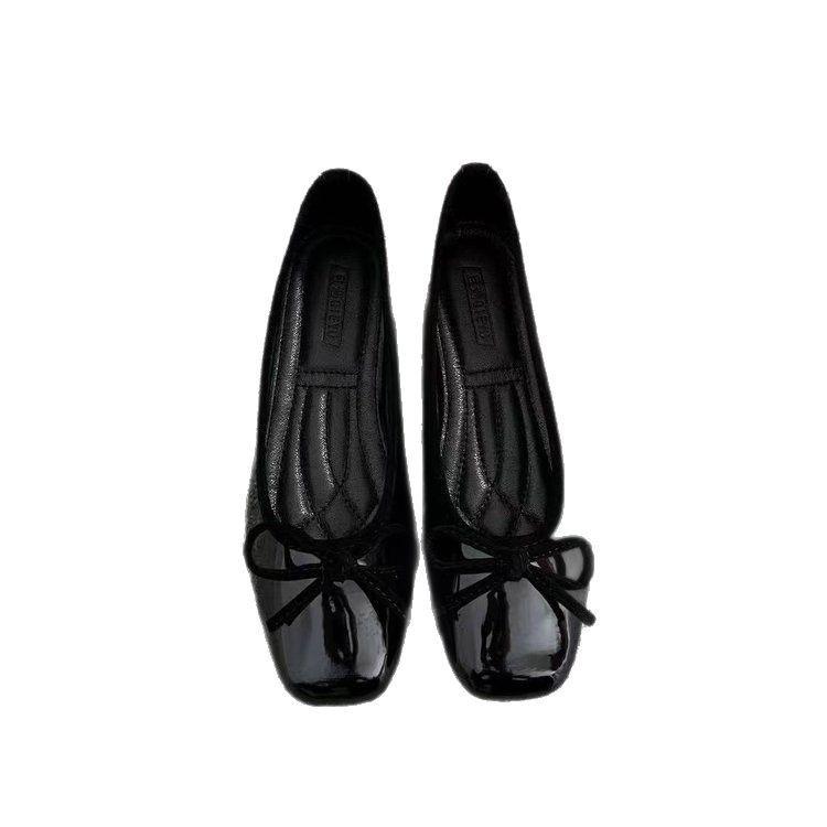 Soft Leather Shallow Mouth Single Shoes 2025 New Soft Sole Flat Bottom Square Head French Bow Red Women's Shoes Evening Grandma Shoes