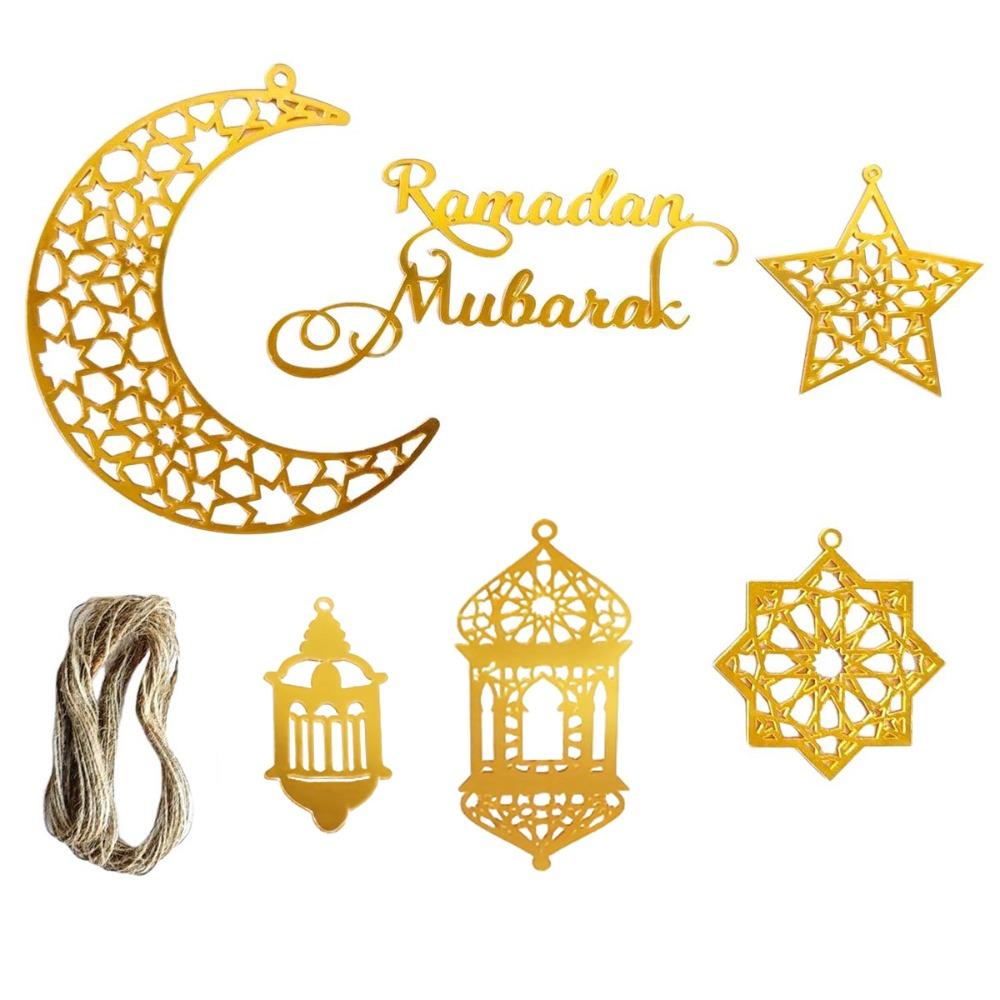 

6pcs/Set New Gold Ramadan Wall Decor Acrylic with Hemp Rope Hanging Pendants Mosque DIY Hanging Banner Home Decoration