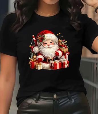 Merry Christmas T-Shirt Festive Santa Claus  Holly Print T-shirt