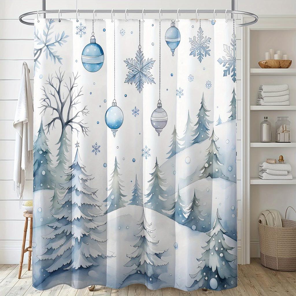 Cartoon Snowflake Blue Ball Cedarwood Christmas Print Shower Curtain, High Quality Polyester Fabric with Hooks