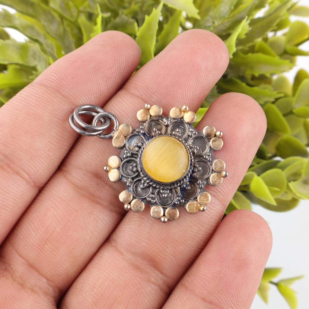 Yellow Cat's Eye 925 Sterling Silver Pendant, Handmade Gorgeous Silver Jewelry, Beautiful Cat's Eye Gemstone Jewelry For Gift