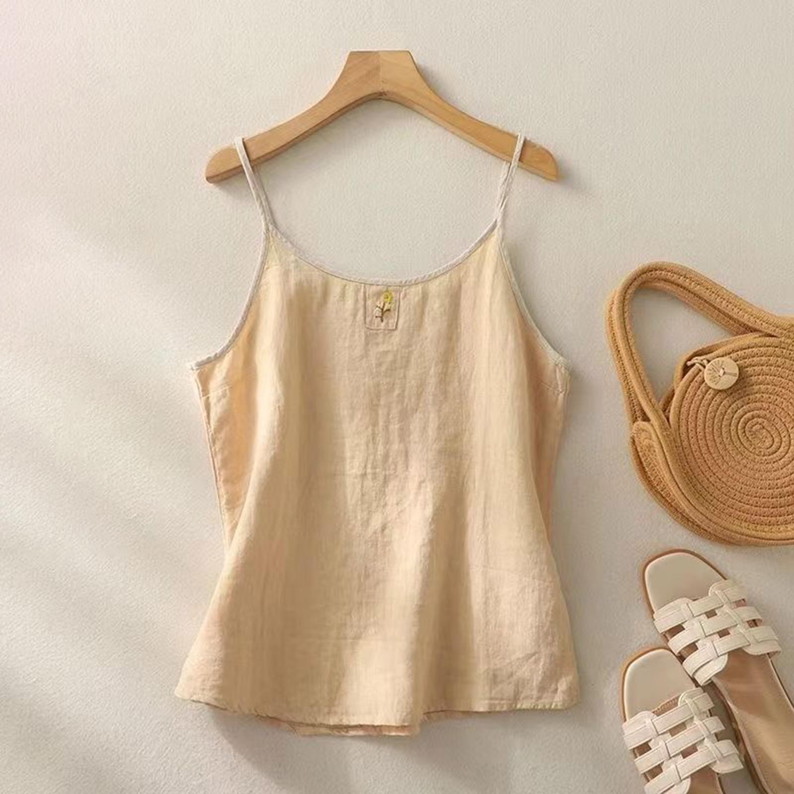 Женская модная свободная повседневная летняя хлопково-льняная майка-футболка L бежевый