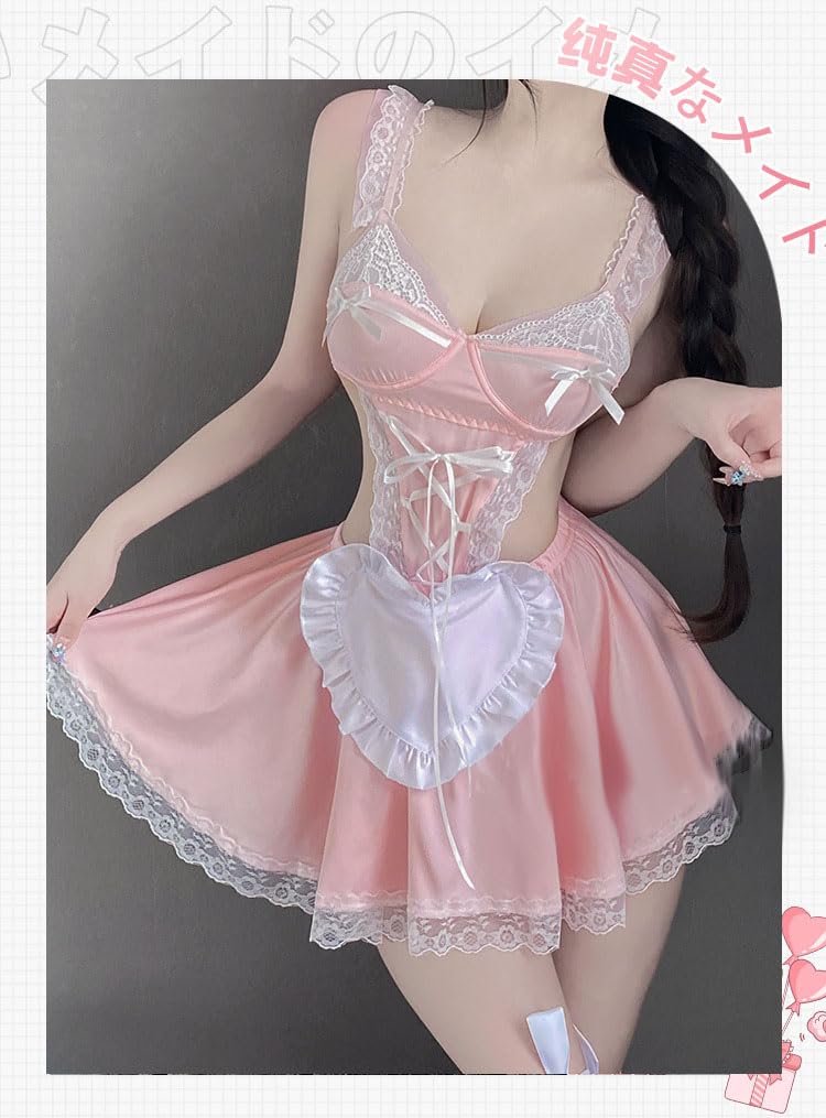 Sexy Uniform Temptation Sweet Maid Uniform Cosplay Waist Tightening Open Back Sweet Lace Trim Adjustable Straps Decolletage Seductive Extreme Kinky