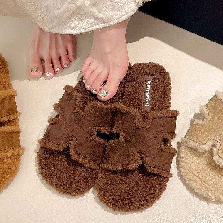 Mao Mao slippers women's outer wear 2025 autumn and winter new plush flat-bottomed casual versatile non-slip one-word drag shoes