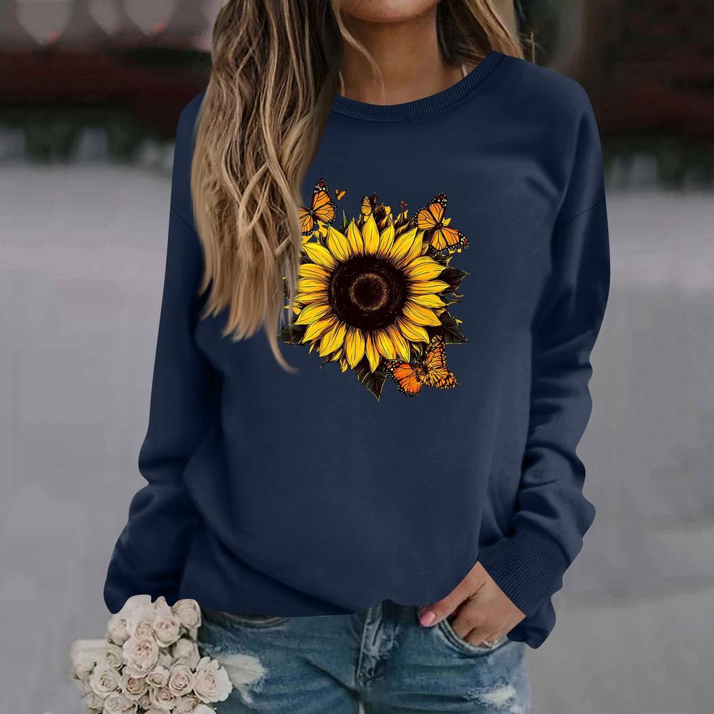 Sweat-shirt décontracté à manches longues et col rond pour femme, couleur unie, imprimé