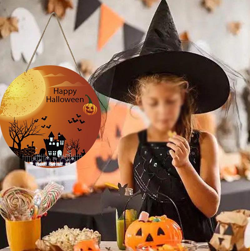 Round Wooden Halloween Hanging Sign Decorations for Home