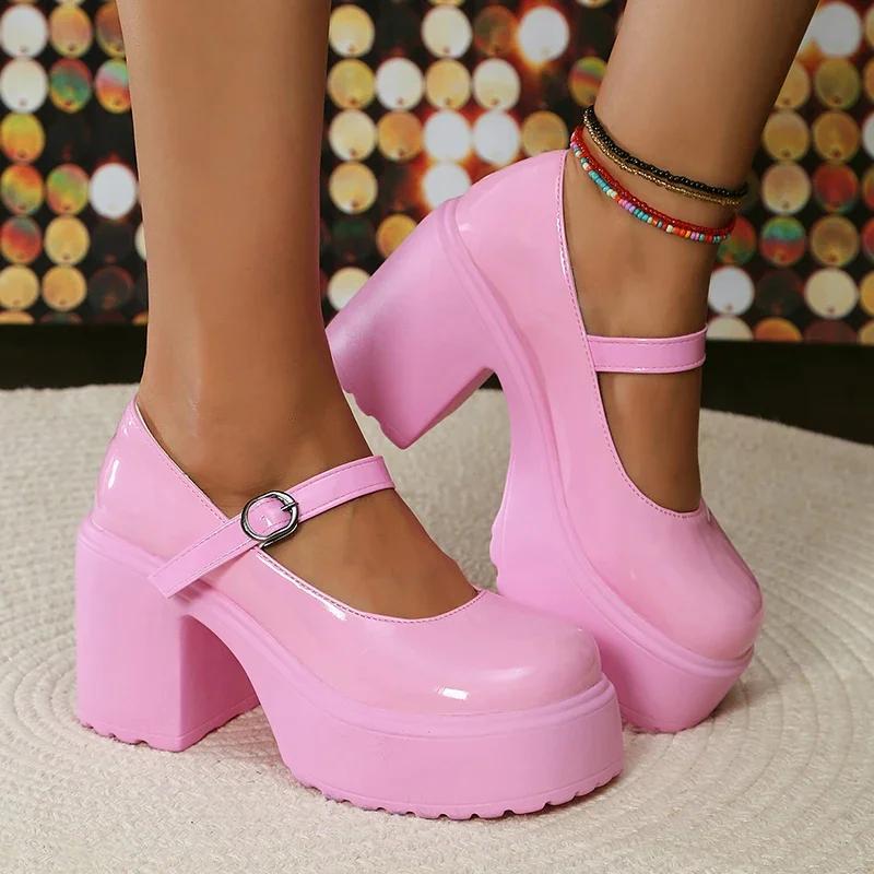 Fashion Pink Chunky Platform High Heels Pumps Women 2025 Autumn Ankle Straps Mary Jane Lolita Shoes Woman Plus Size 42 Cute Party Shoes