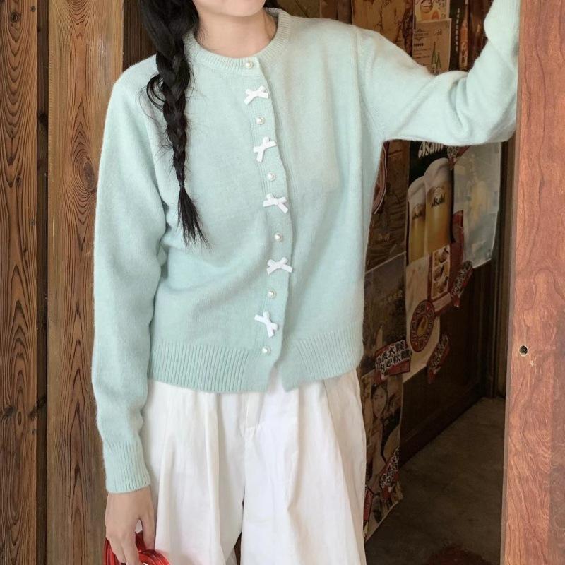 Korean Spring Autumn Sweet Style Youthful Red Bow Fashion Knit Cardigan Sweater