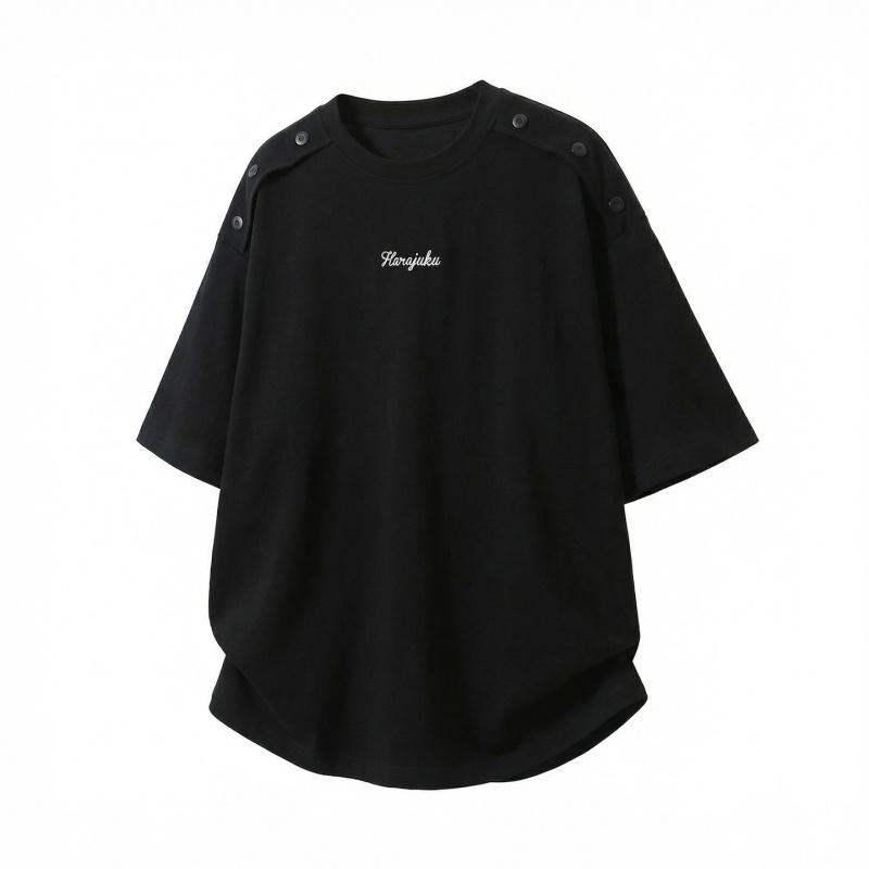 New casual short-sleeve men's summer T-shirt with detachable shoulder buttons, simple embroidery, and loose fit