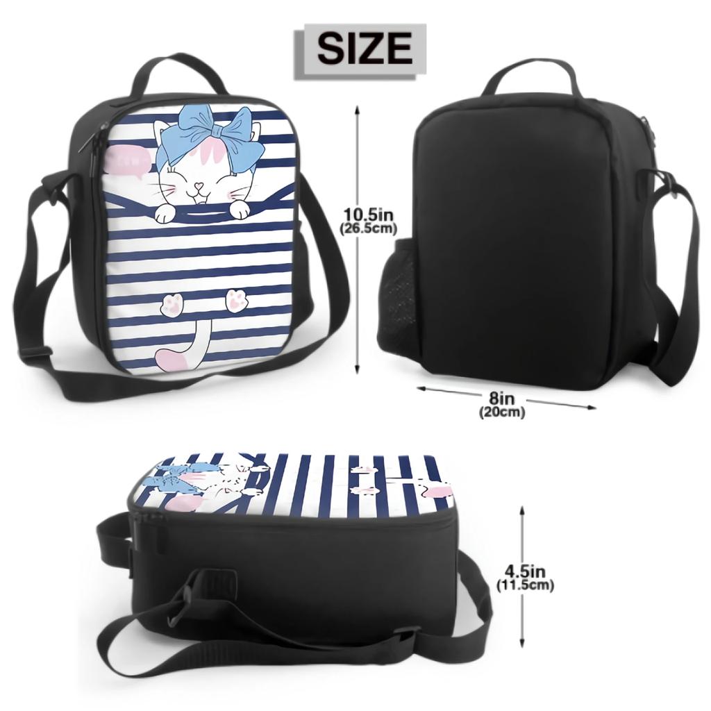 Hand Drawn Cute Cat In Stripe Insulated Lunch Bag for School Picnic Lunch Box Containers for Kids Cooler Bag with Shoulder Strap