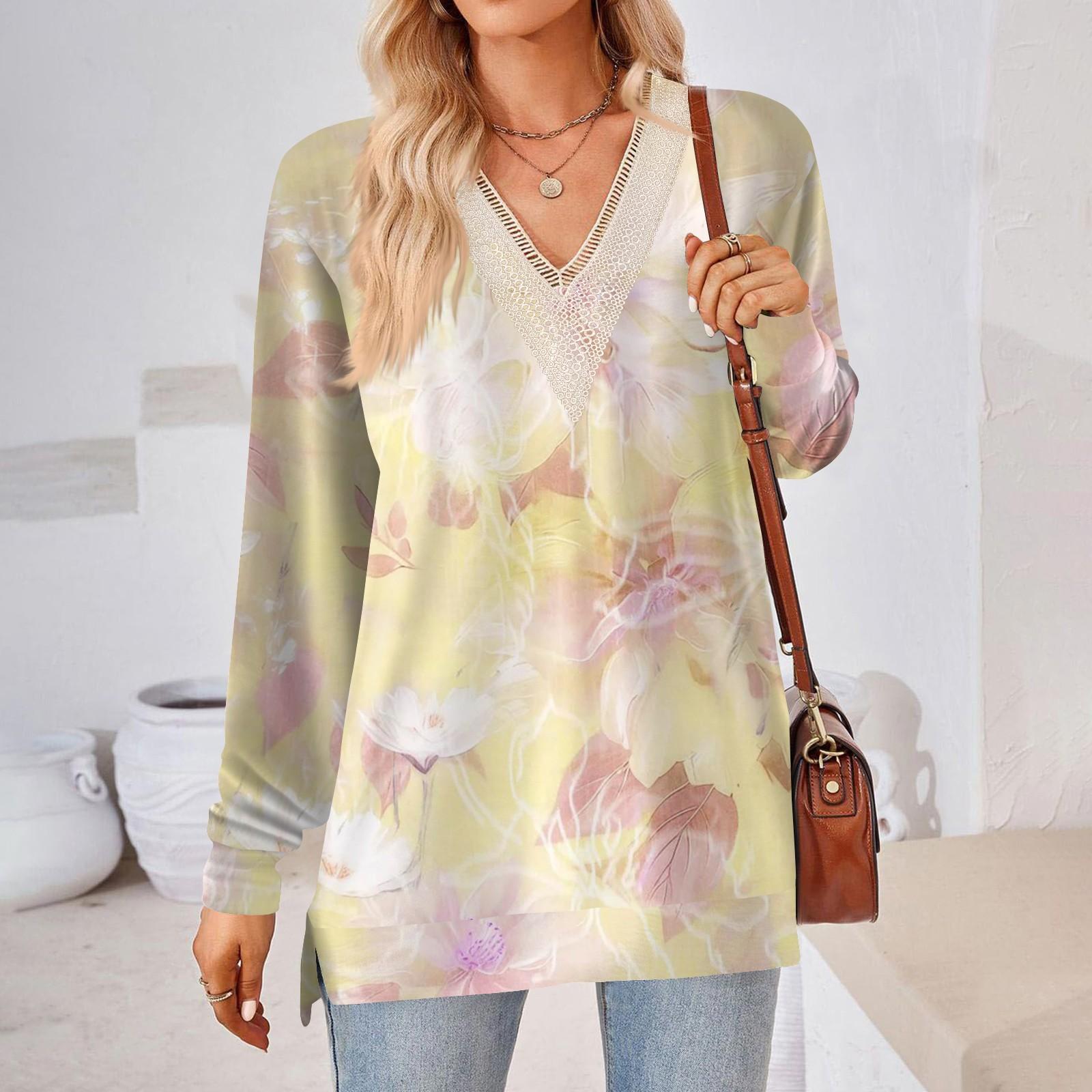 

Женские топы Свободные свободные футболки с длинными рукавами контрастного цвета и разрезом Женские топы XL жёлтый