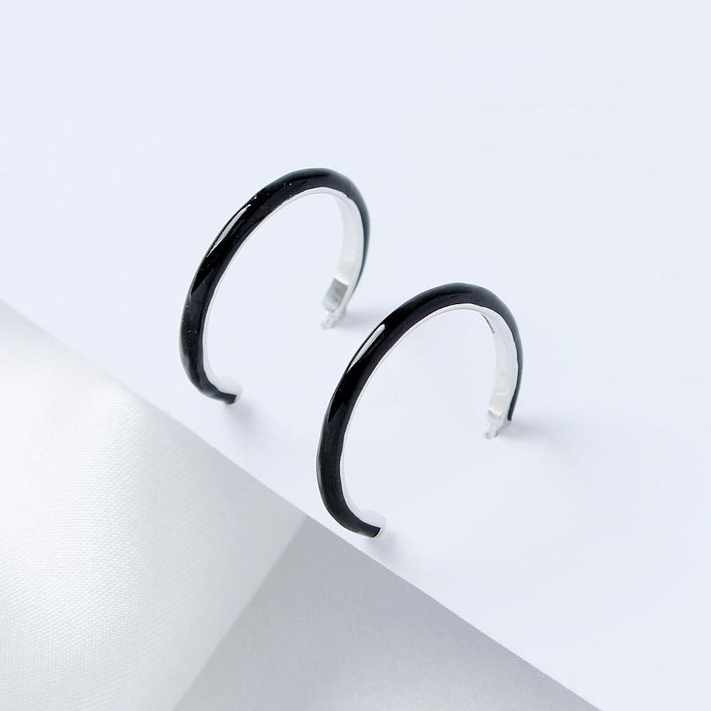 925 Silver Platinum Plated Chic Black Ring Earrings
