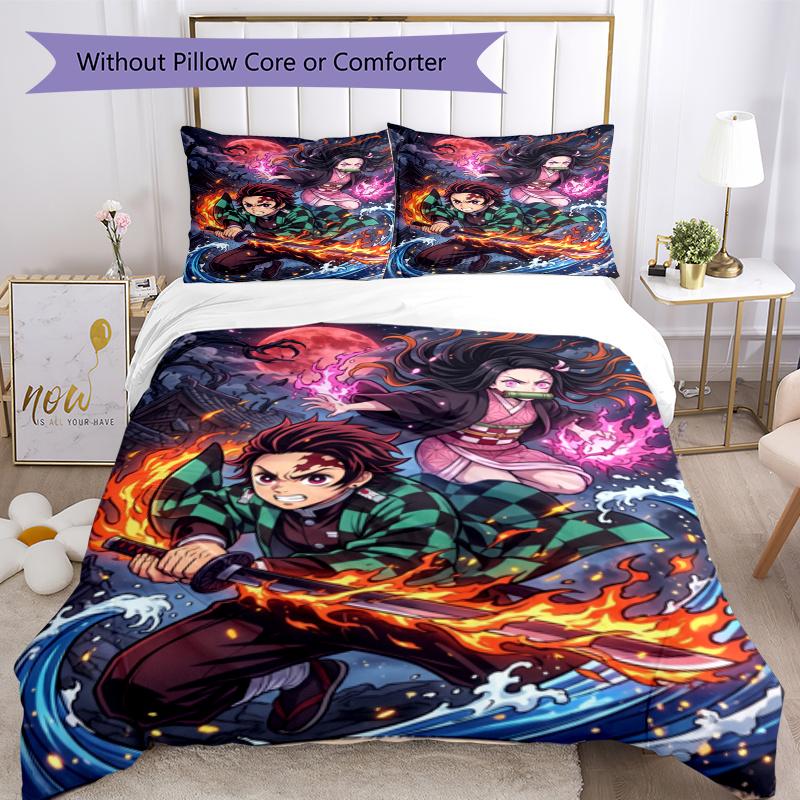 3pcs Duvet Cover Set (1*Duvet Cover + 2*Pillowcase, Without Core), Demon Slayer Print Soft All‑Season Bedding Set, Home Bedroom Decor Gift