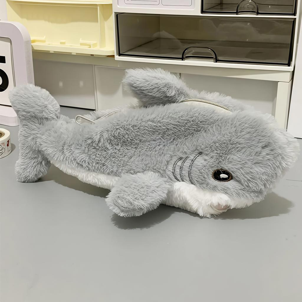 Plush shark-shaped pencil case, soft, cute, and creative stationery storage bag for students.