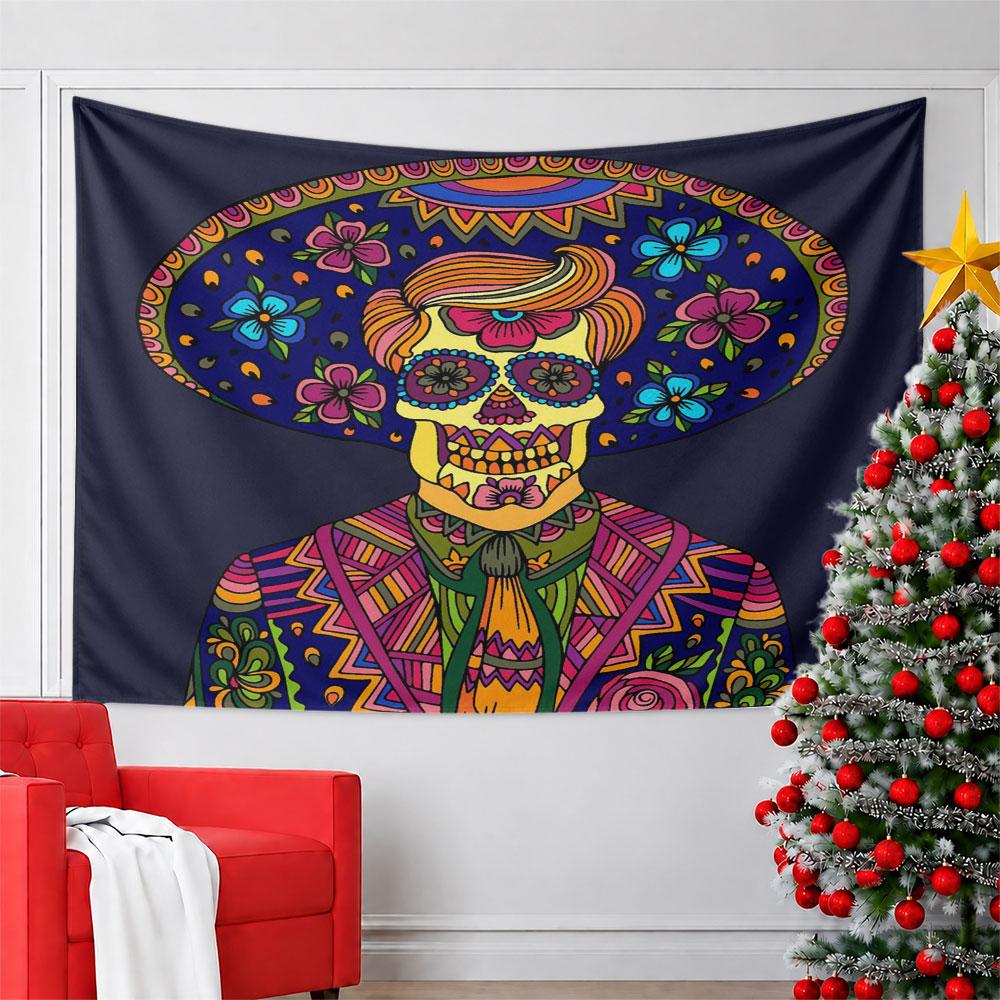 Colorful Day of the Dead Skull Design Pattern Wall Hanging Tapestry Decorative Tapestry Home Decor for Bedroom and Living Room