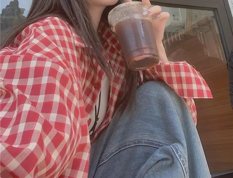 Women's Retro Red Plaid Long Sleeve Polo Collar Shirt - Early Spring Niche Design, Loose Slim Cardigan