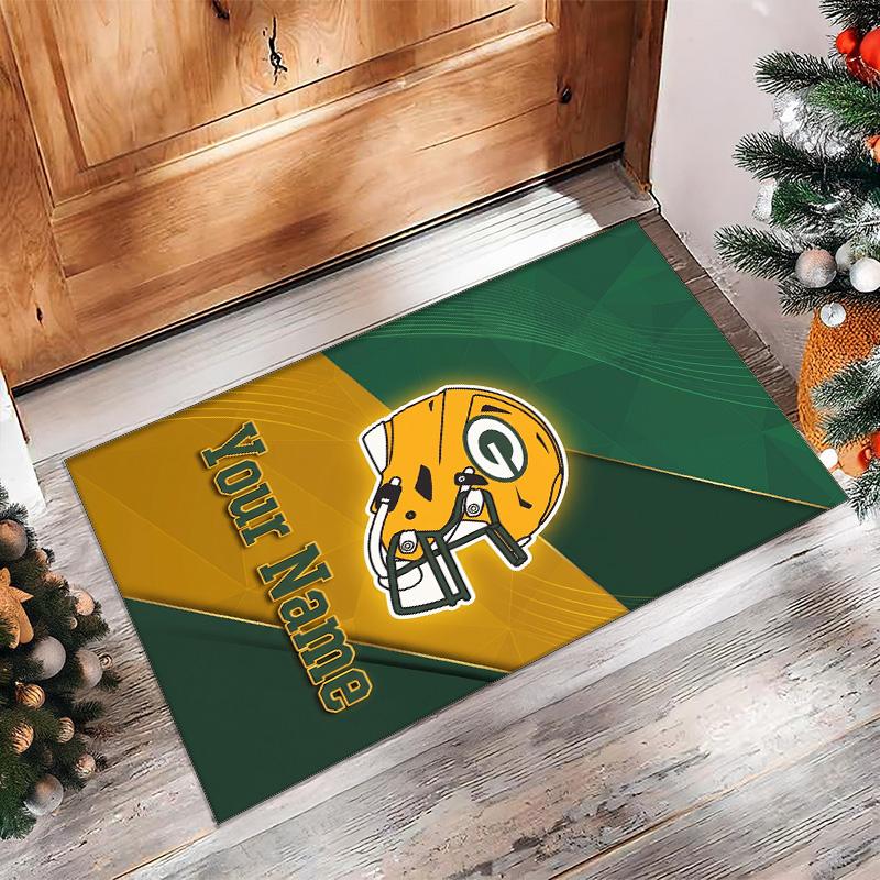 Green Bay Packers Crystal Velvet Rug, Custom Name Text Personalized Non‑Slip Floor Mat for Home Decor Gift
