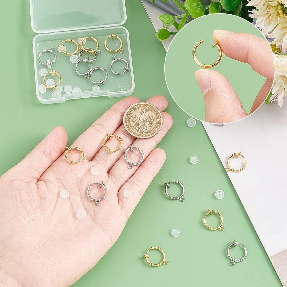 UNICRAFTALE 20Pcs 2 Colors 304 Stainless Steel Clip-on Earring Findings with Horizontal Loops and 20Pcs Comfort Silicone Pads Hoop Earring for
