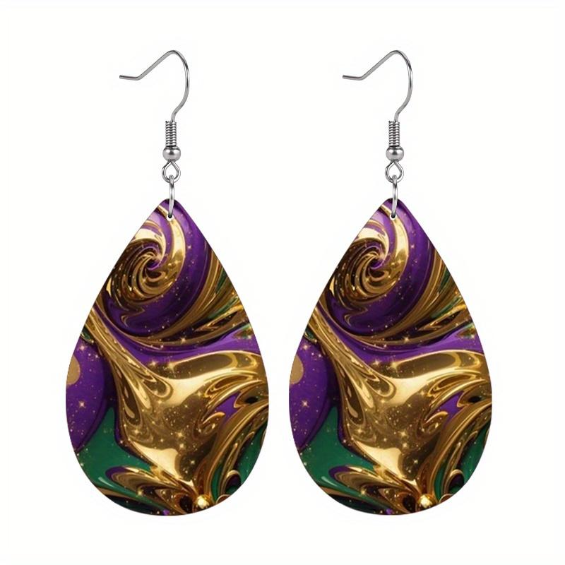2 Paar Gold Lila Wasserwellen Tropfenform Abstrakte Lederohrringe Modische Ohrringe Feiertagsgeschenke für Freunde Party Modeaccessoires