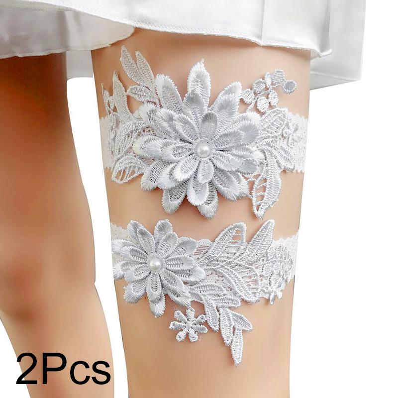 2 stücke Hochzeit Braut Strumpfbänder Spitze Blumen Nachahmung Perlen Elastische Bein Schleife Elegante Oberschenkel Bein Strumpfband Hochzeit Kleid Zubehör