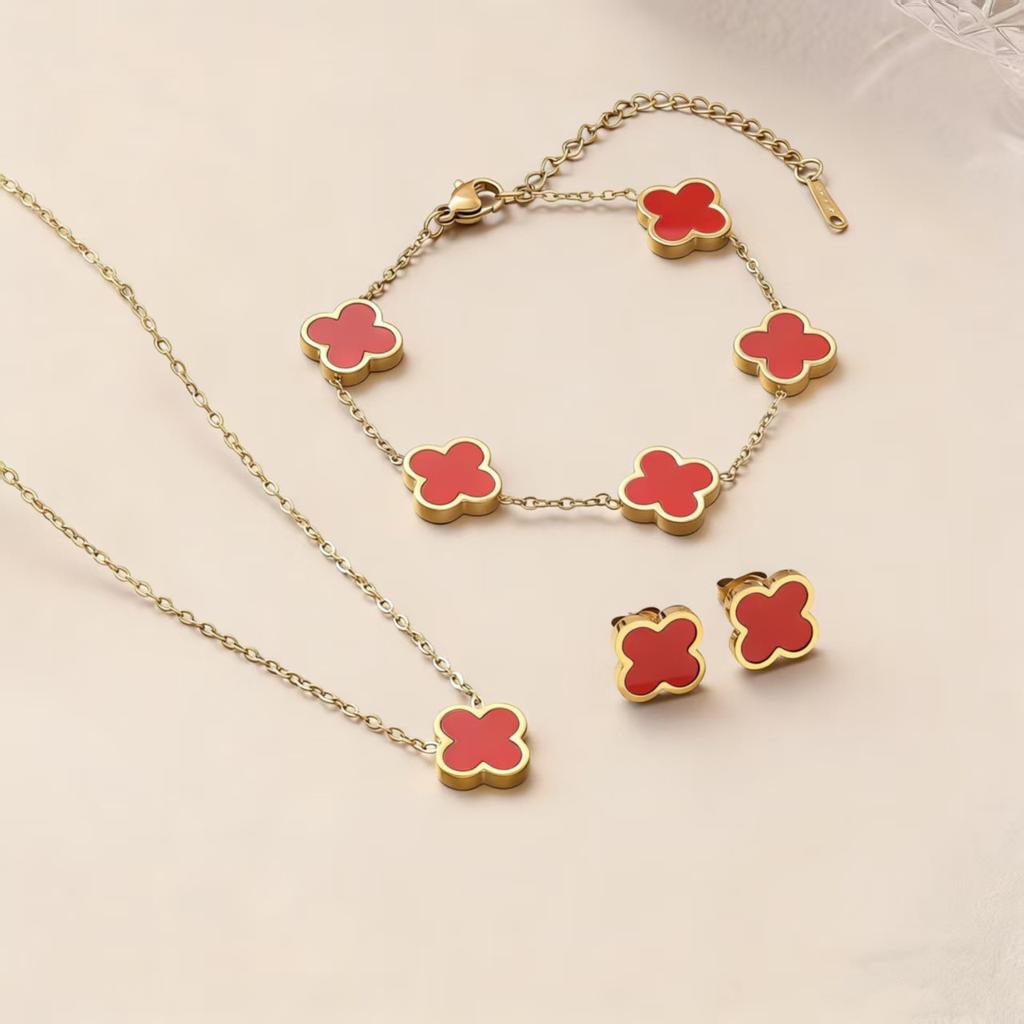 Four-leaf Clover Bracelet Necklace and Earring Set - Titanium Steel Understated Luxury and Minimalist Four-leaf Clover Jewelry