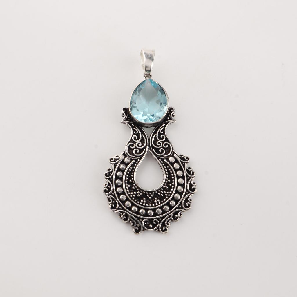 Sky Blue Topaz Gemstone 925 Sterling Silver Jewelry Women Oxidize Pendant 1.8" For Mother's Day Gift CP-45-9