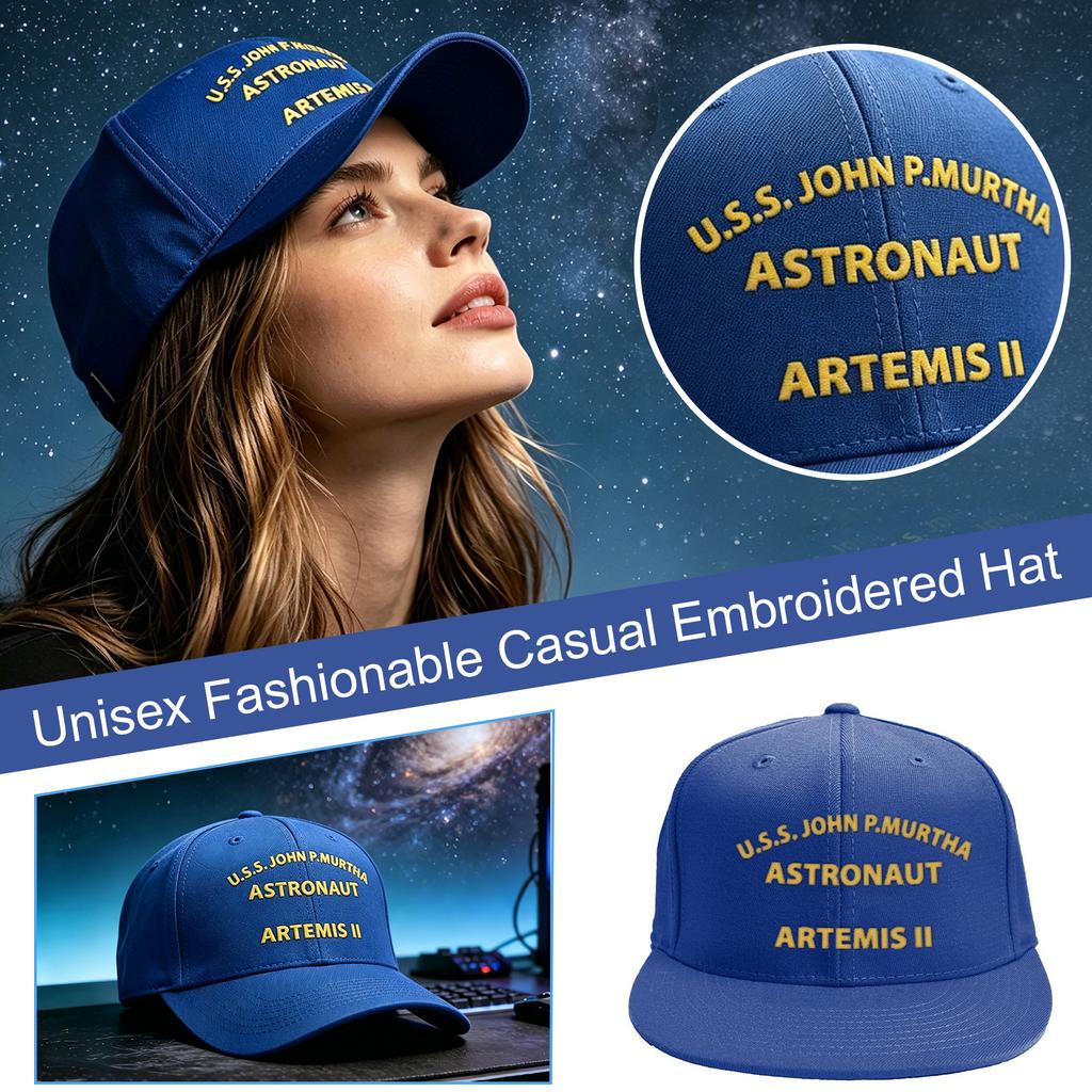 Unisex Embroidered Flat Brim Cap with U S S John P Murtha Astronaut Artemis II Text Adjustable Snapback Hat for Daily Wear