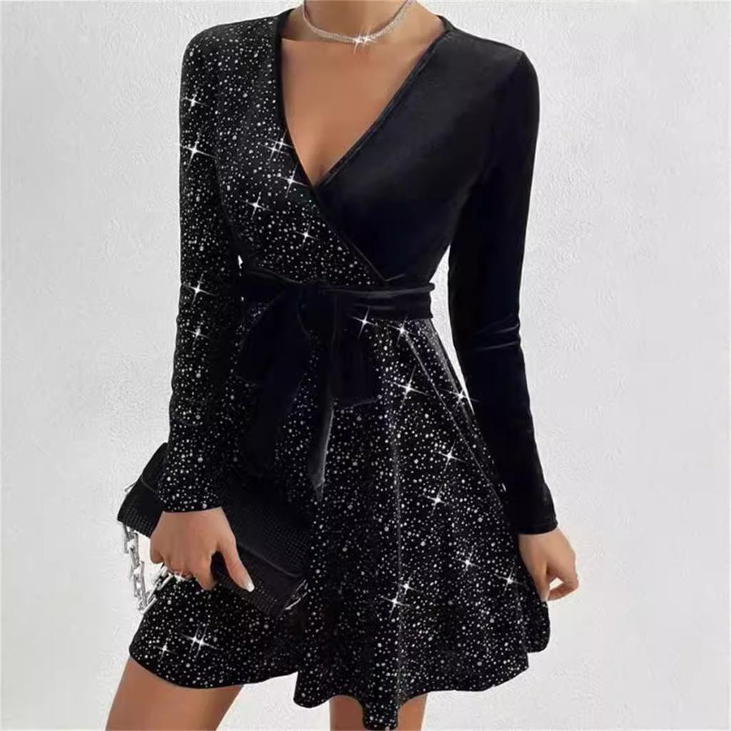 Fall Spring Women Dress V Neck Lace-up Tight Waist Sequin Decor A-line Big Hem Long Sleeves Prom Party Mini Dress