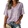 Women's V-Neck Halloween Printed T-Shirt Short Sleeve Casual Top for Holiday Festive Occasions