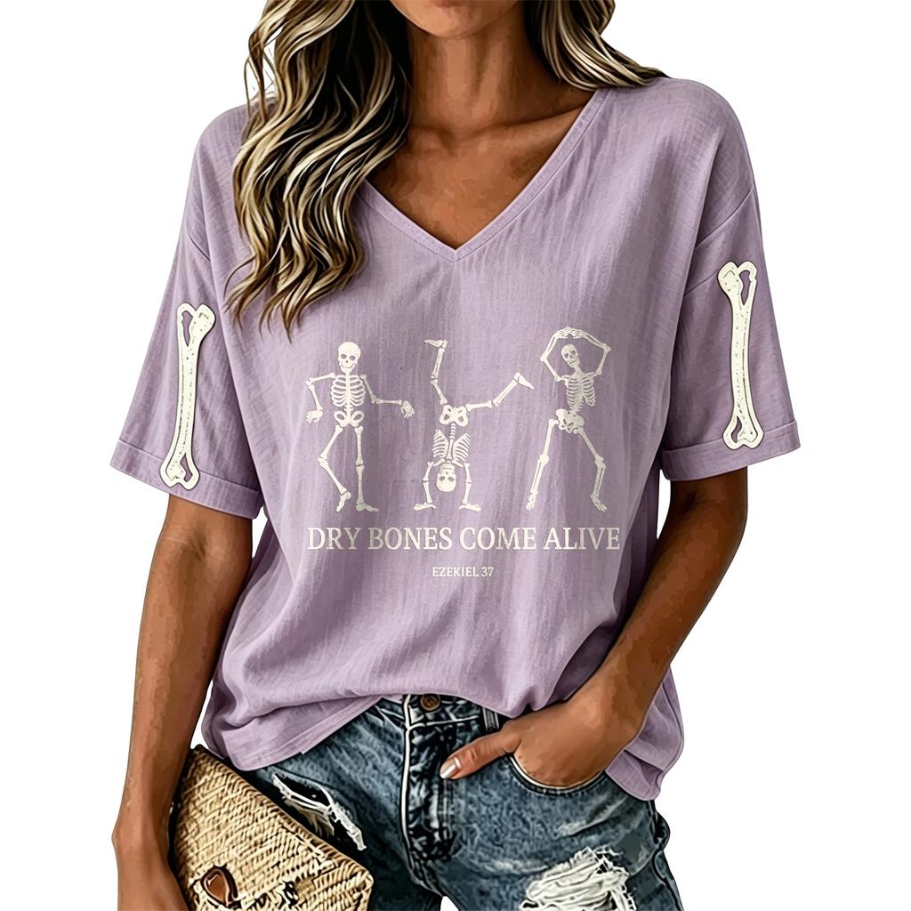 Women's V-Neck Halloween Printed T-Shirt Short Sleeve Casual Top for Holiday Festive Occasions