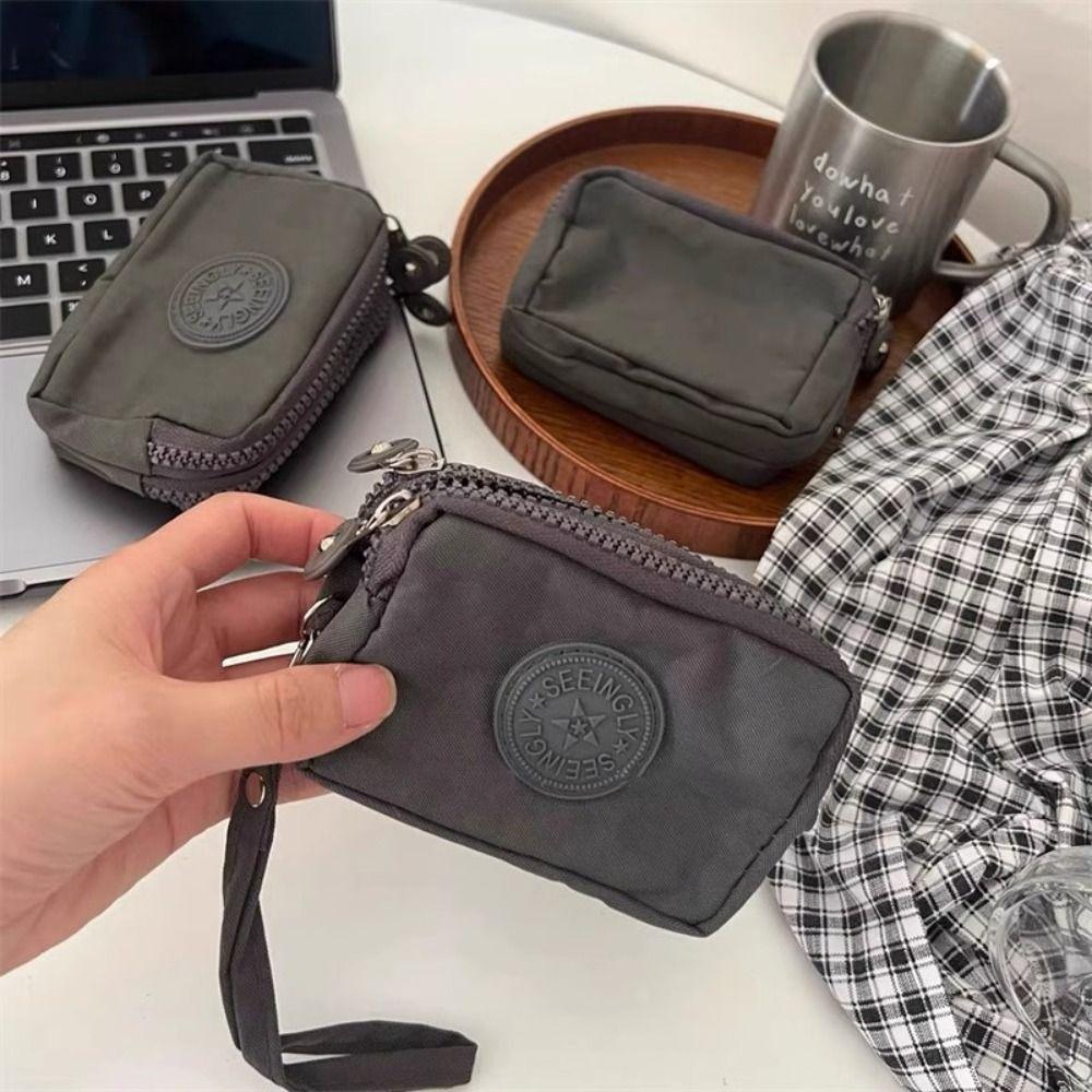 Large Capacity Short Zipper Coin Purse With Lanyard Nylon Phone Bag Simple Money Bag Unisex