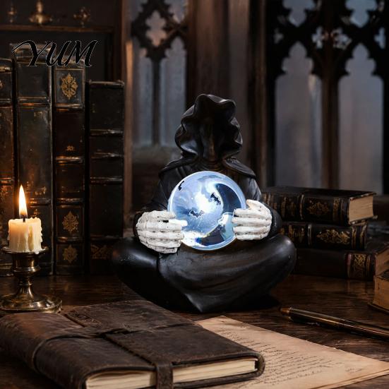 Gaming Room Decoration Faux Crystal Ball Grim Reaper Statue, Gothic Resin Black Robed Skull Statue Sculpture with Glowing Clear Ball, Mysterious