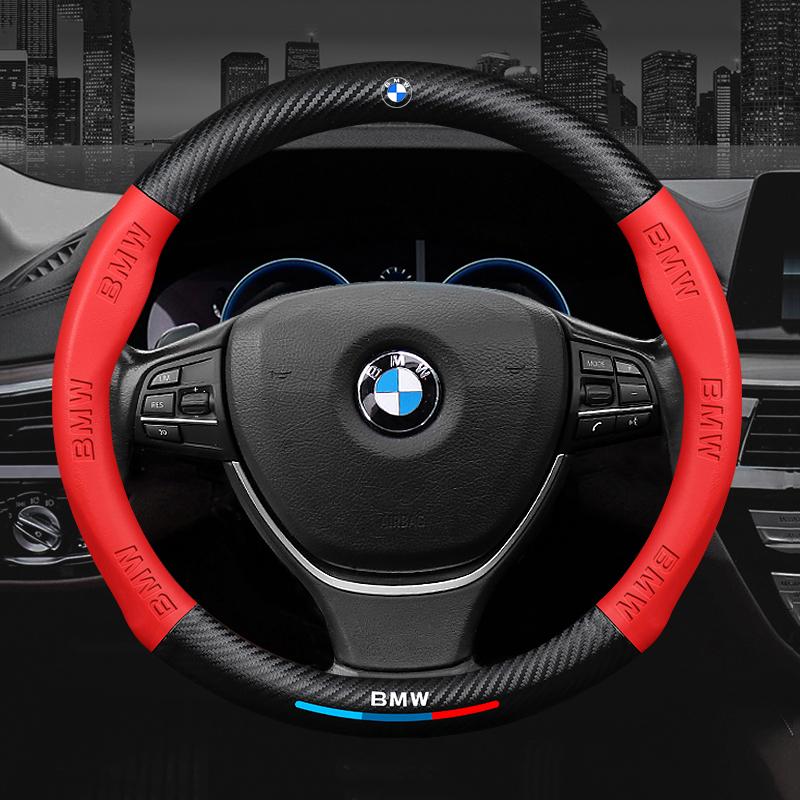 2026 Hot 38cm Carbon Fiber Leather Car Steering Wheel Cover For BMW F30 F10 E90 F20 E46 E60 E70 E39 X6 Auto Interior Accessories Keychain GK3