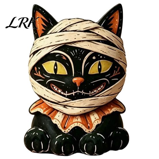 Cartoon Cat Figure Vintage Halloween Wooden Figurine, Rustic Witch Zombie Owl Frog Tabletop Festive Room Ornament Ornament, Farmhouse Tiered