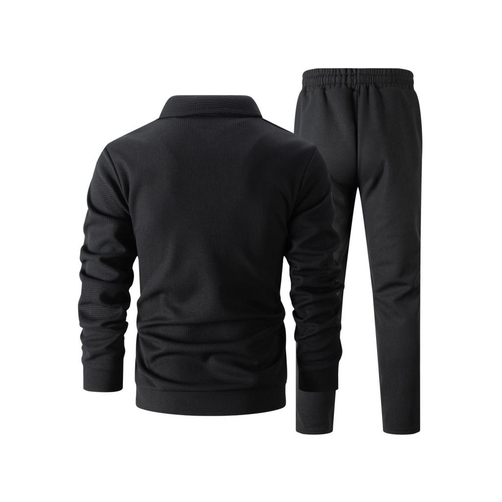 Men's Knit Zipper Pocket Collared Slim-fit Cardigan Jacket Set