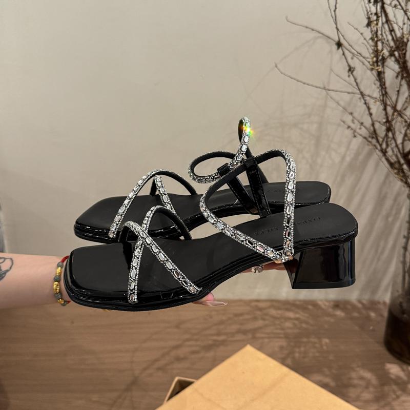 Women's Summer Crystal Narrow Band Women Sandals Concise Comfort Thick Heel Footwear for Ladies