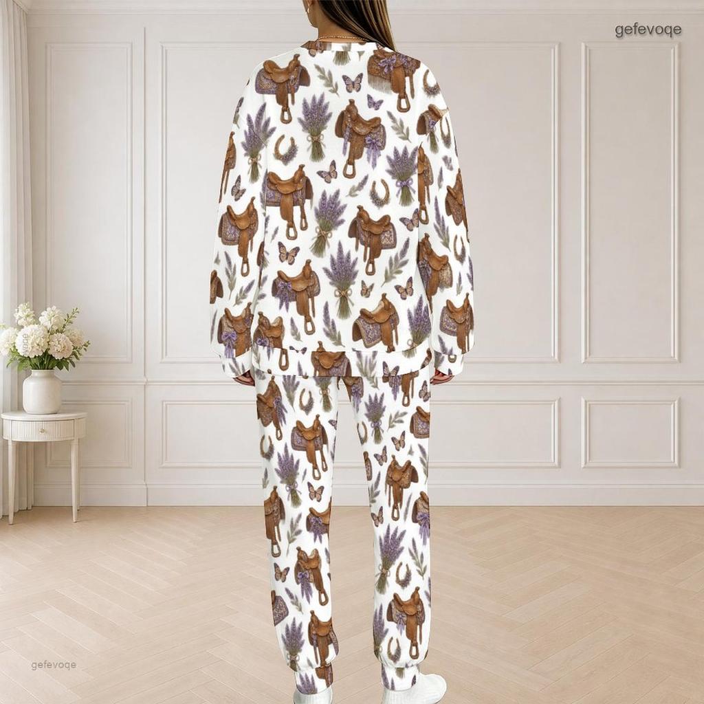 Women Plus Size Printed Round Neck Long Sleeve Top With Pockets And Long Pants Set