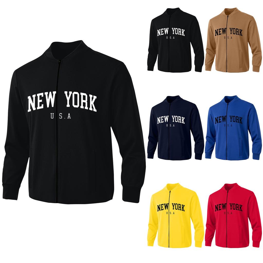 Men's Solid Color Letter Print Bomber Jacket Men's Spring And Autumn Casual Trend Oversized Zipper Jacket